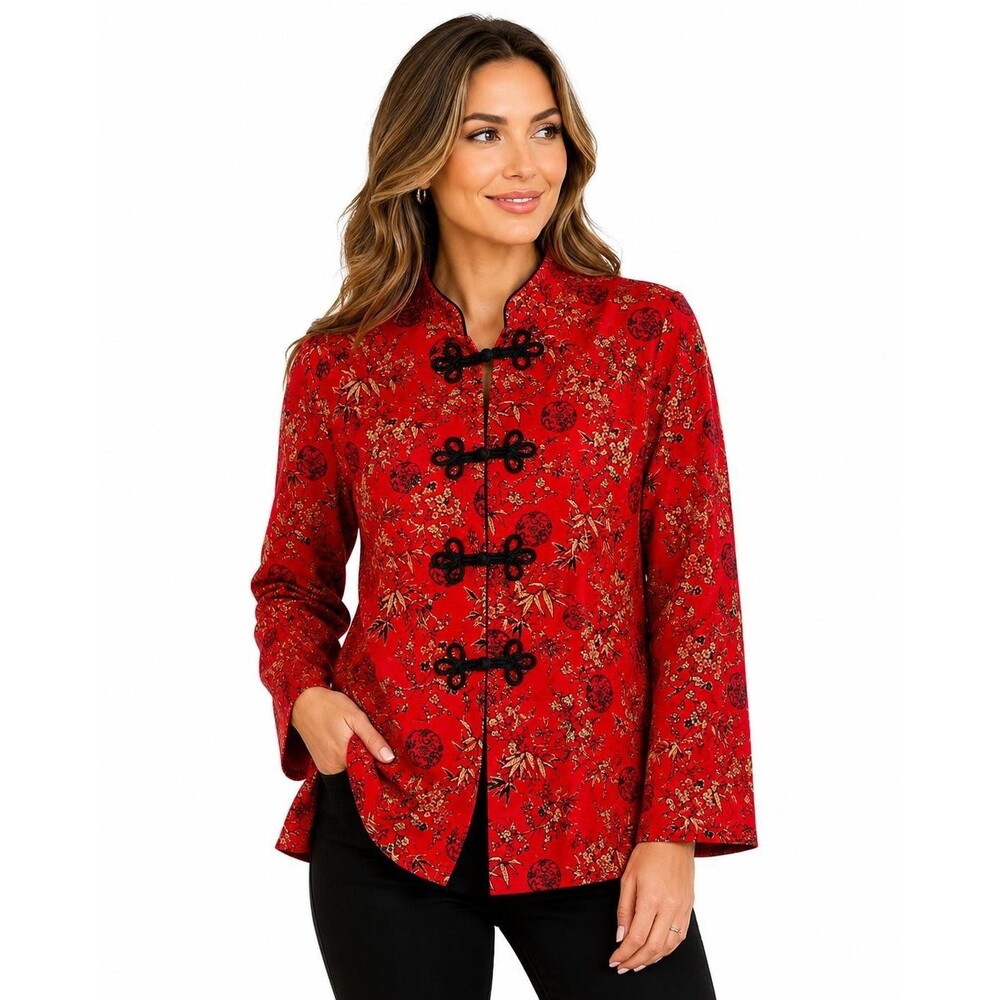 Appleseed's XL Red Asian Inspired Frog Closure Jacket Floral Bamboo Top